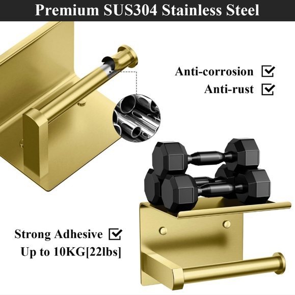 NIB Tindbea gold toilet paper holder with phone shelf and towel rope hooks - Picture 7 of 11